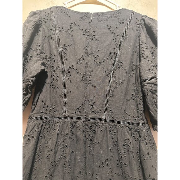 Beulah Eyelet bubble Hem Mini Dress fit flare Medium Black Puff Sleeves Romantic - Picture 15 of 16